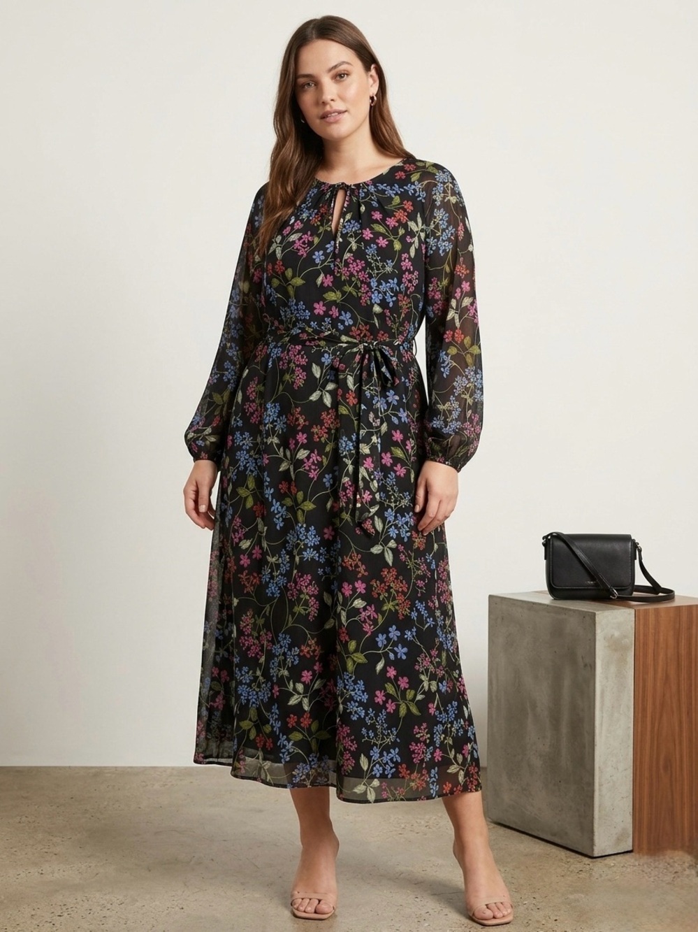 Calvin Klein Keyhole Floral Chiffon Midi Dress Size 12